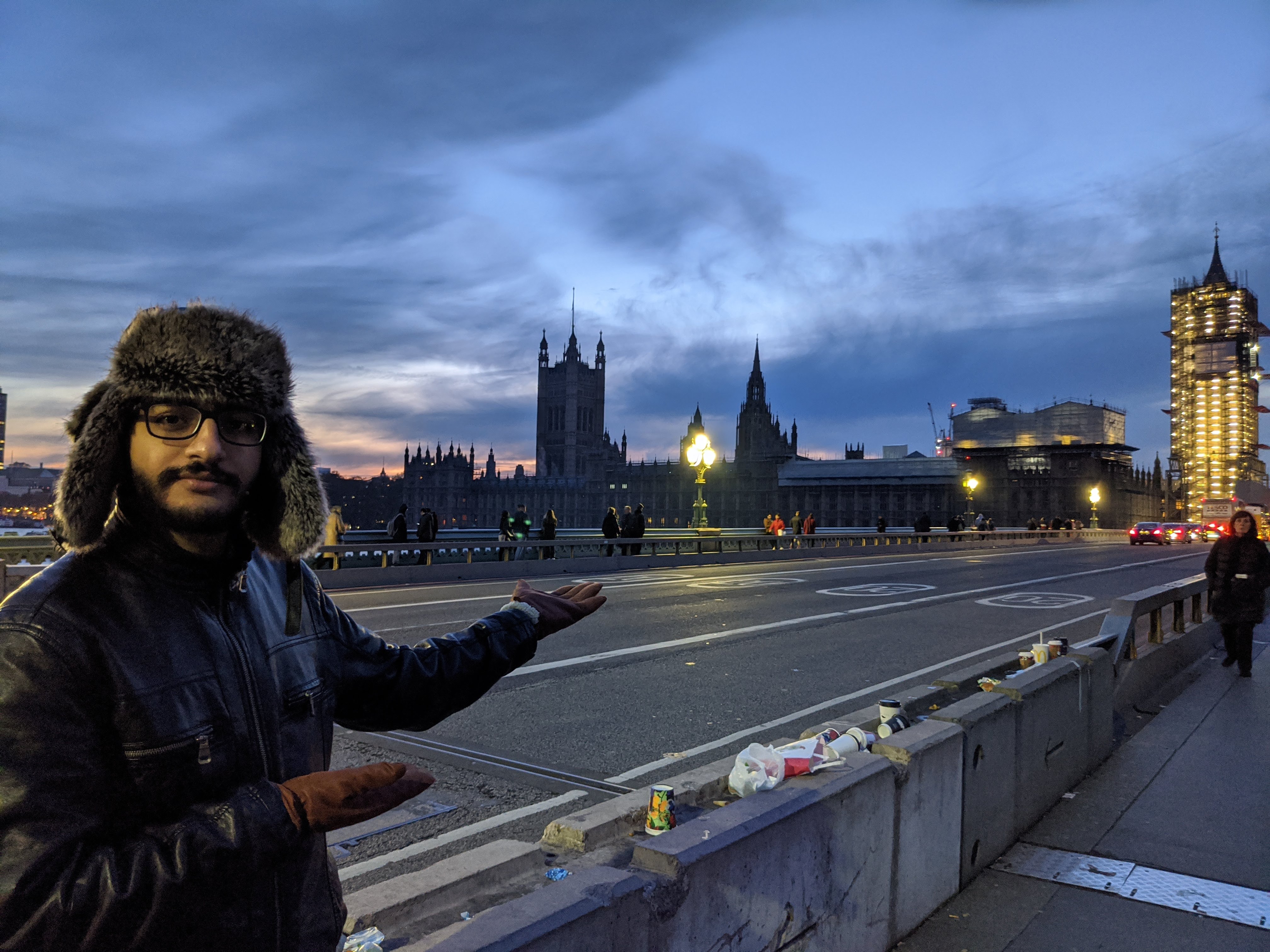 Me gesturing at the parliament building in London, October 2019