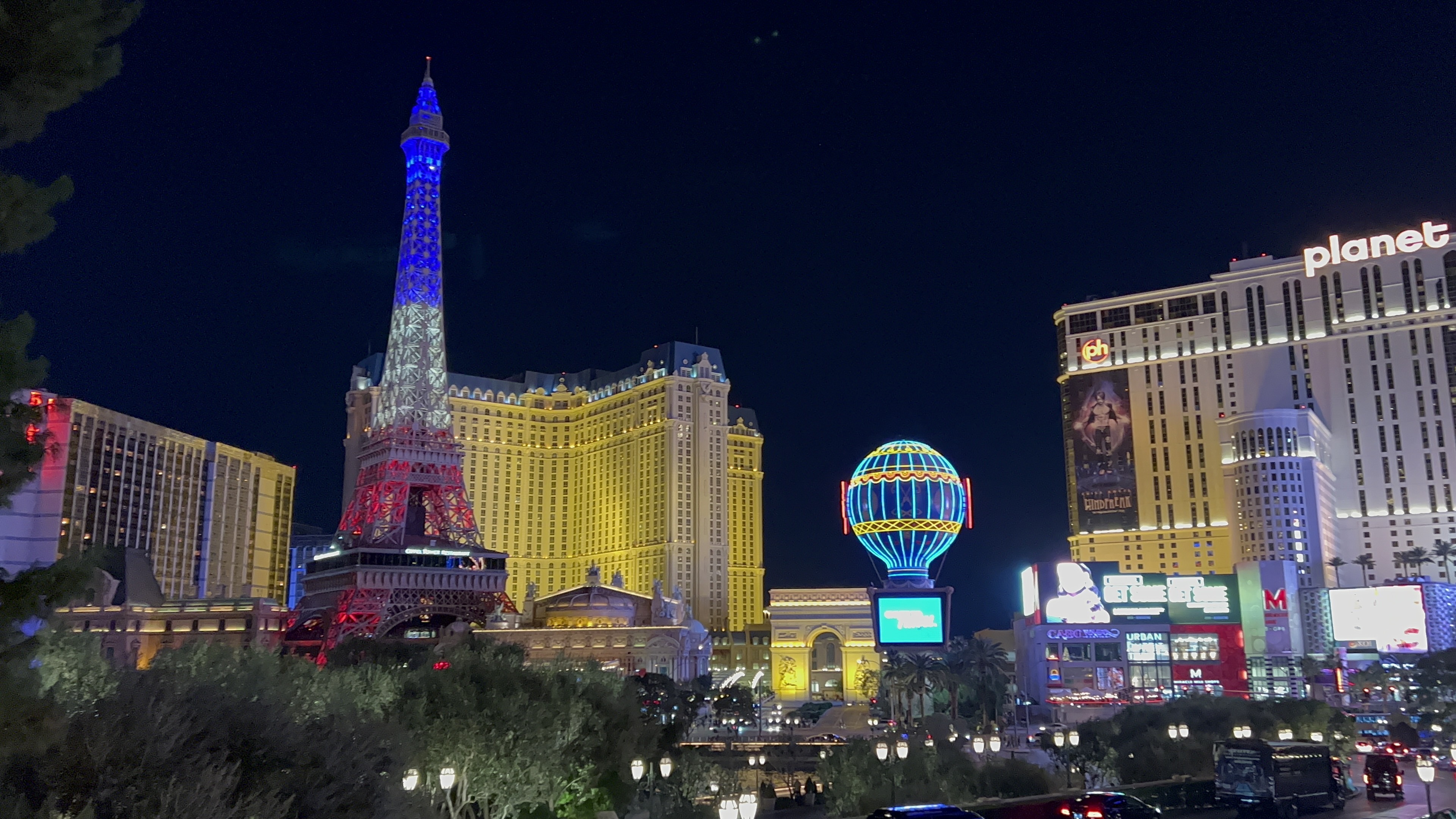 Fake Eiffel Tower in Las Vegas and surrounding buildings, December 2021